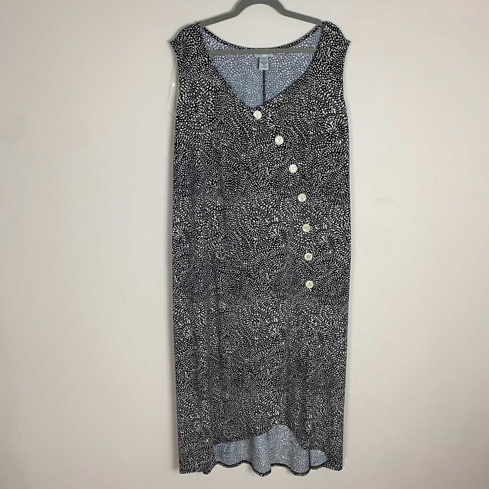 Catherines Button Front Midi Dress Abstract Polka Dot 4X Black Sleeveless Modest